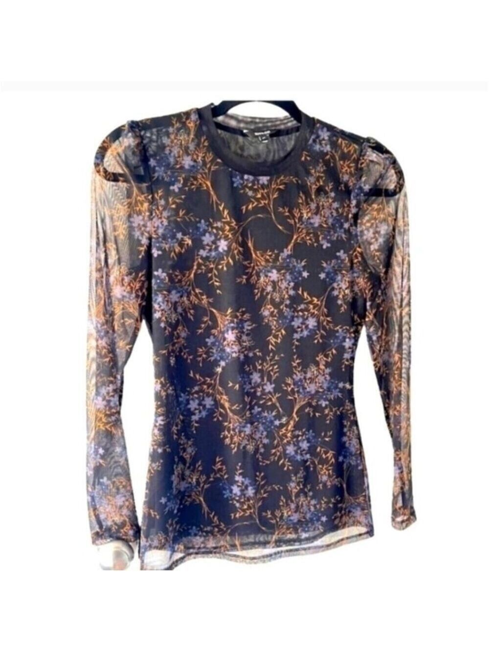 ​RW&Co Dark Floral Sheer Mesh Long Sleeve Top Puff Shoulder Size S Black Blue